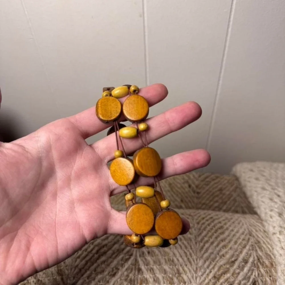 Boho Wooden Disc Stretch Bracelet Earthy Brown Olive Green Beaded Statement - Picture 3 of 8